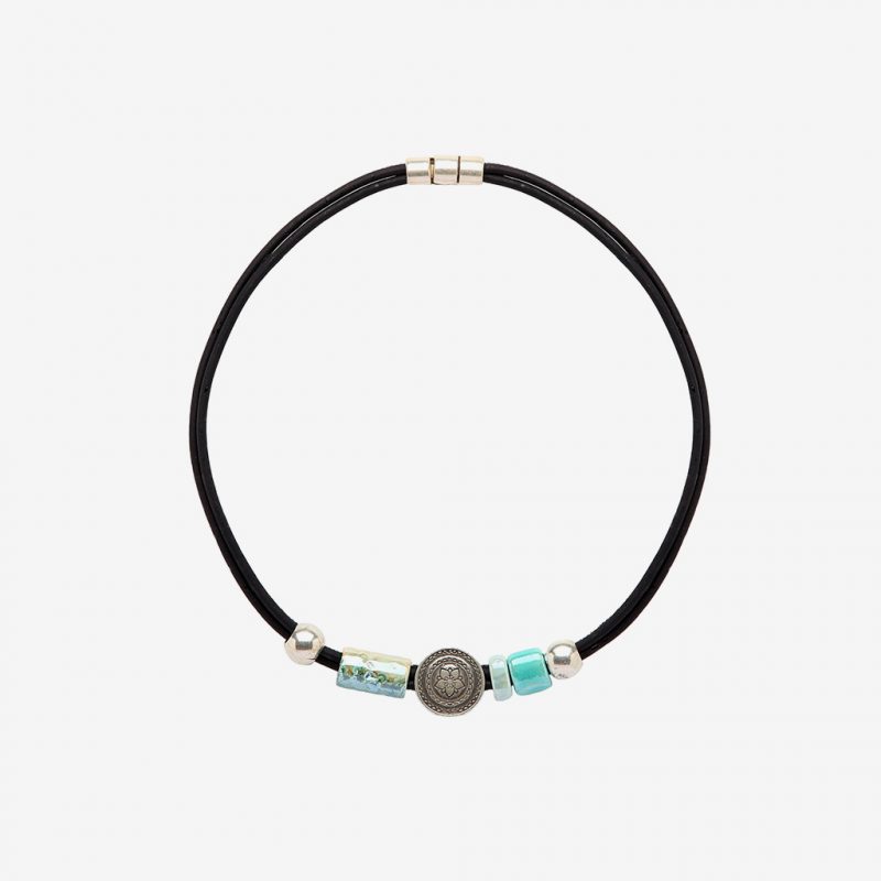 Black Cork Necklace With Blue Ceramic and Metal Plate