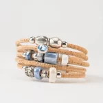 Pulseira cortiça natural com 5 voltas com cerâmica azul
