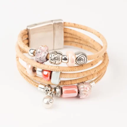 Natural cork bracelet with 5 turns of pink ceramic