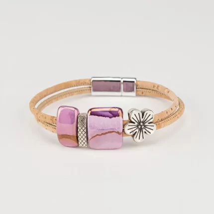Cork bracelet with metallic flower and beige ceramics