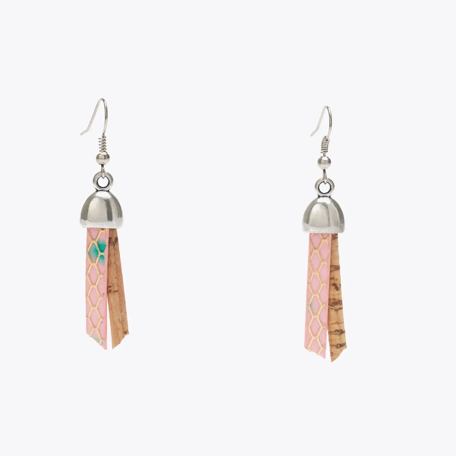6459.01-ER06 Beige cork earrings with pink ribbon - Image 1