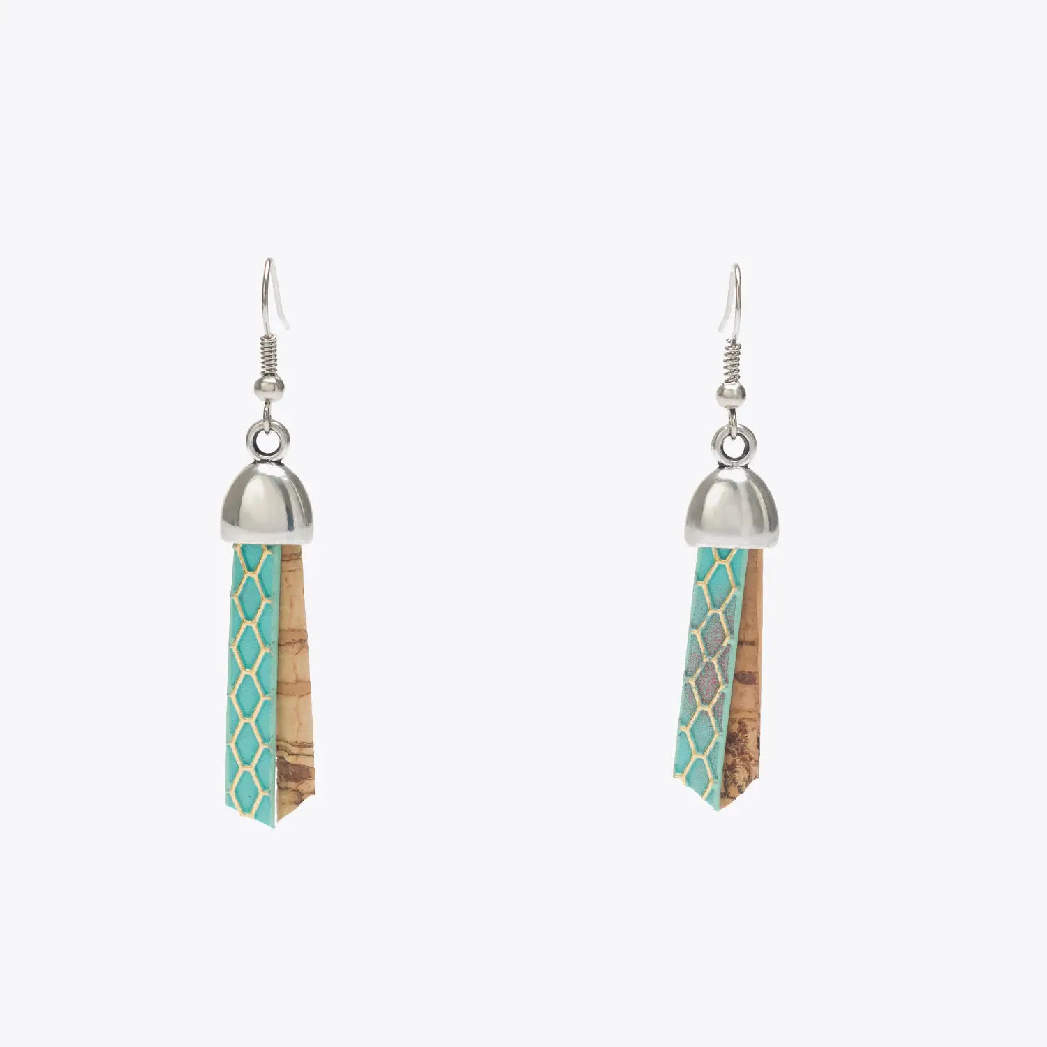 6460.01-ER06 Beige cork earrings with green ribbon - Image 1