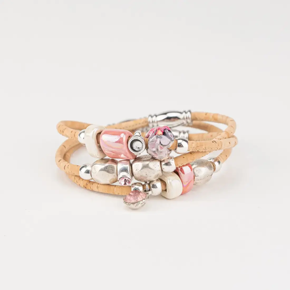 8146rosa Three separate natural cork bracelets with ceramic and silver beads - Image 1