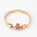 Natural cork bracelet with two turns and catanha ceramic, round gold beads