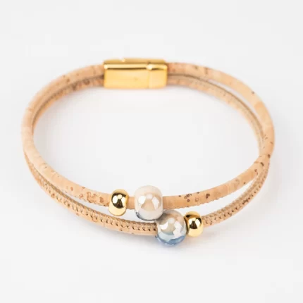 Double-strand bracelet with two mixed blue ceramics and gold beads