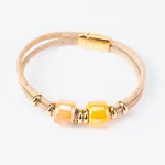 Natural cork bracelet with 2 turns, orange ceramic and gold details