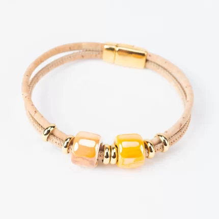 Natural cork bracelet with 2 turns, orange ceramic and gold details