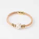 Natural cork bracelet with 2 turns, natural wrinkled ceramic and gold beads