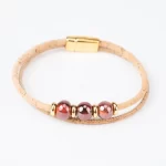 Natural cork bracelet with 2 turns, wine-colored ceramic ball and gold beads