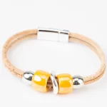 Natural cork bracelet with 2 turns, orange ceramic and silver beads