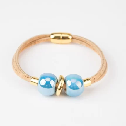 Natural cork bracelet with 2 turns, light blue ceramic balls and gold beads