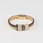 Bracelet with two turns, ribbon with rhinestones and ceramics in a natural tone