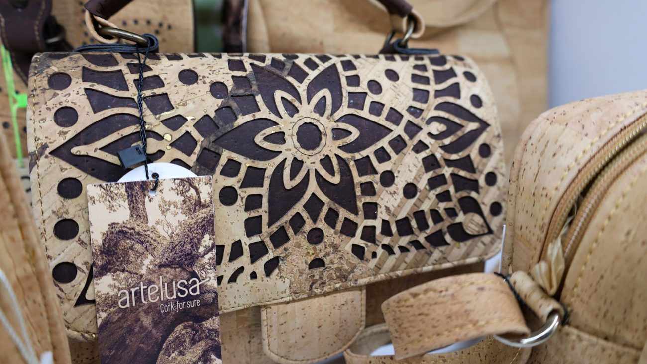 Handcrafted cork leather handbag showcasing the durability and natural texture of sustainable Portuguese cork.